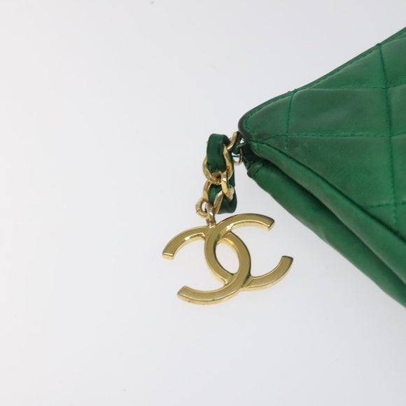 CHANEL Matelasse Pouch Leather Green Gold CC Auth MX240