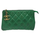 CHANEL Matelasse Pouch Leather Green Gold CC Auth MX240-13