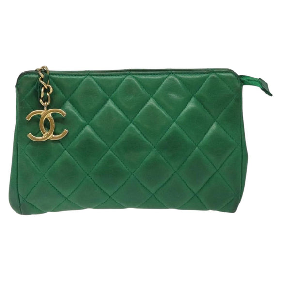 CHANEL Matelasse Pouch Leather Green Gold CC Auth MX240