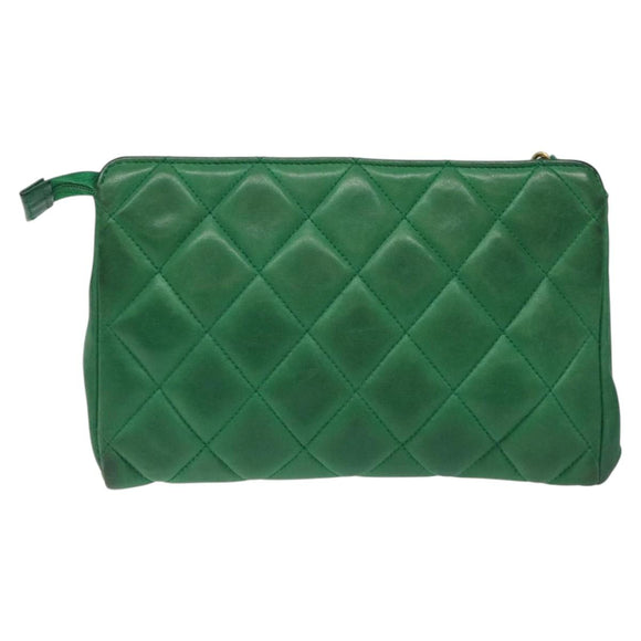 CHANEL Matelasse Pouch Leather Green Gold CC Auth MX240
