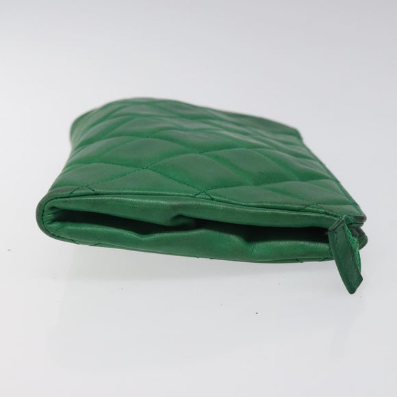CHANEL Matelasse Pouch Leather Green Gold CC Auth MX240