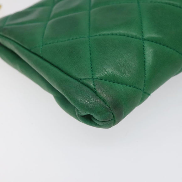 CHANEL Matelasse Pouch Leather Green Gold CC Auth MX240