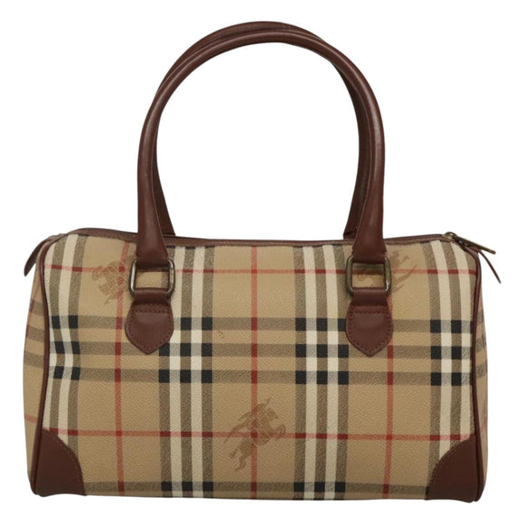 Burberrys Nova Check Boston Bag PVC Beige Gold Auth MX243