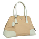 PRADA Hand Bag Canvas Beige Silver Auth MX276-1