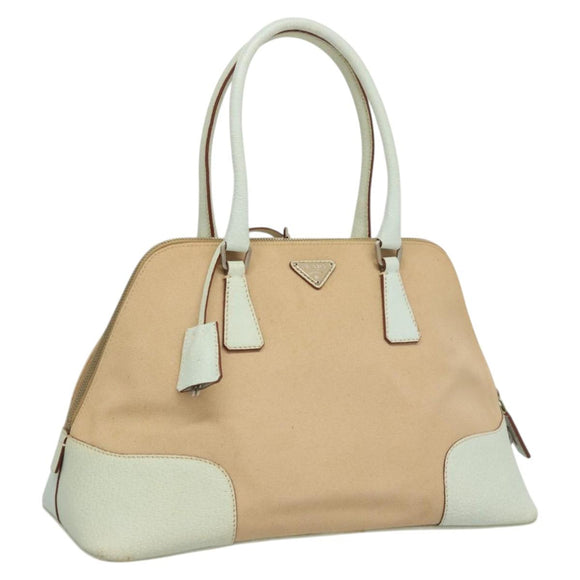 PRADA Hand Bag Canvas Beige Silver Auth MX276