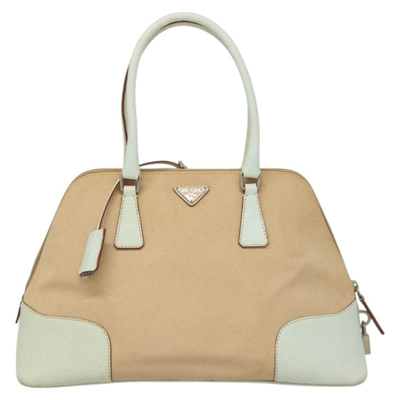 PRADA Hand Bag Canvas Beige Silver Auth MX276