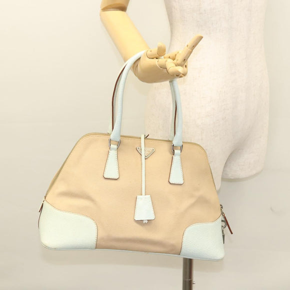 PRADA Hand Bag Canvas Beige Silver Auth MX276