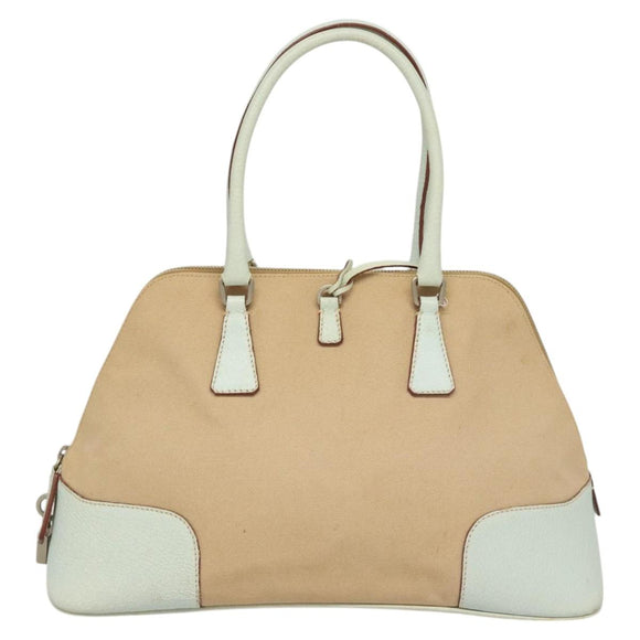 PRADA Hand Bag Canvas Beige Silver Auth MX276
