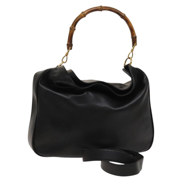 GUCCI Bamboo Shoulder Bag Leather 2way Black Gold 001 1577 Auth MX325