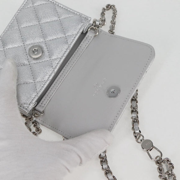 CHANEL Matelasse Chain Shoulder Bag Leather Silver CC Auth MX400AM