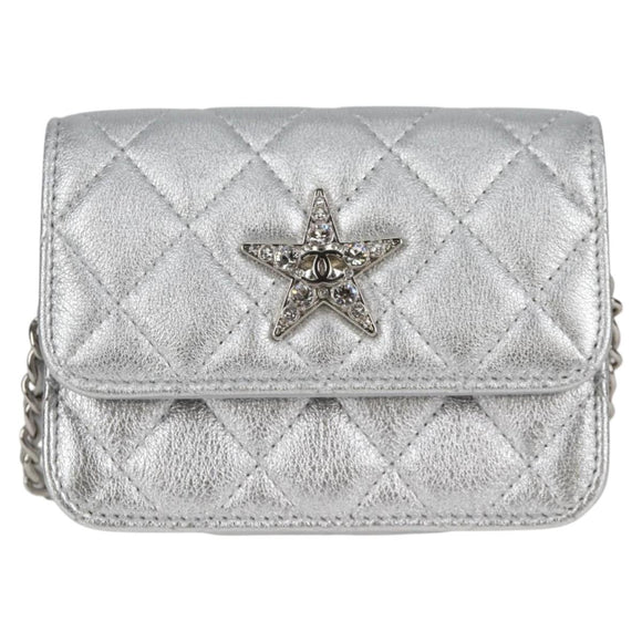 CHANEL Matelasse Chain Shoulder Bag Leather Silver CC Auth MX400AM