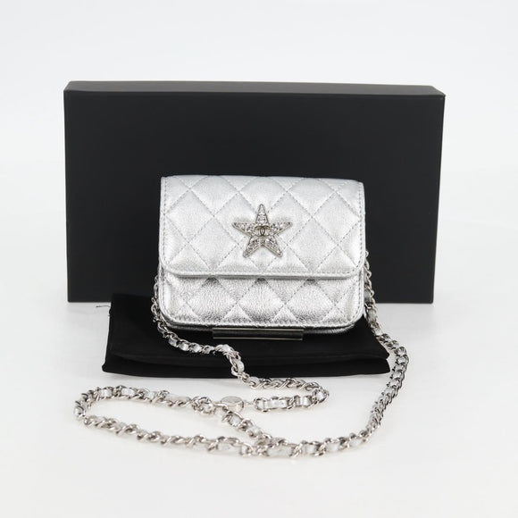 CHANEL Matelasse Chain Shoulder Bag Leather Silver CC Auth MX400AM