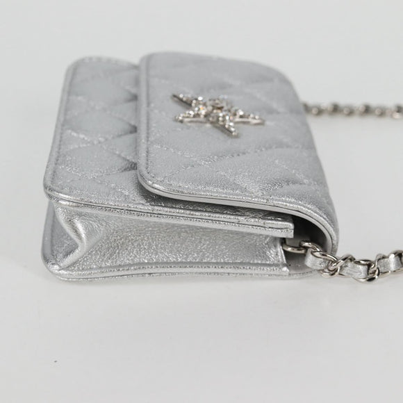 CHANEL Matelasse Chain Shoulder Bag Leather Silver CC Auth MX400AM