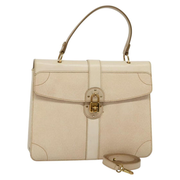 Salvatore Ferragamo Gancini Hand Bag Leather 2way Beige Gold Auth MX417