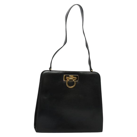 Salvatore Ferragamo Gancini Shoulder Bag Leather Black Gold Auth MX418