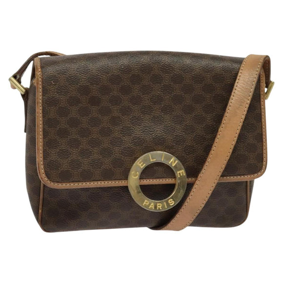 CELINE Macadam Canvas Circle Shoulder Bag PVC Leather Brown Gold Auth MX424