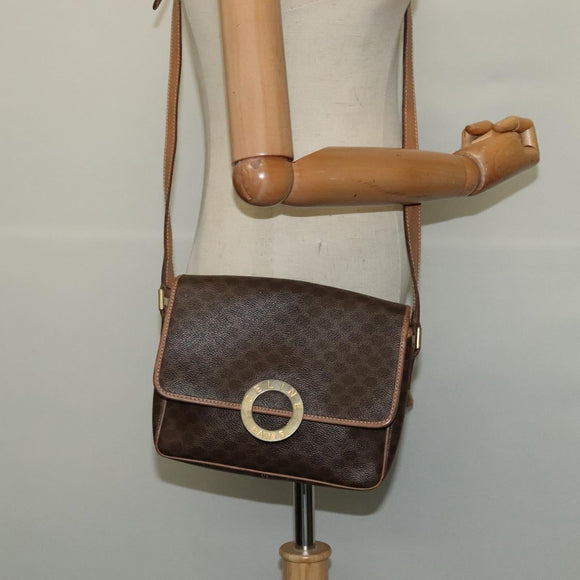 CELINE Macadam Canvas Circle Shoulder Bag PVC Leather Brown Gold Auth MX424