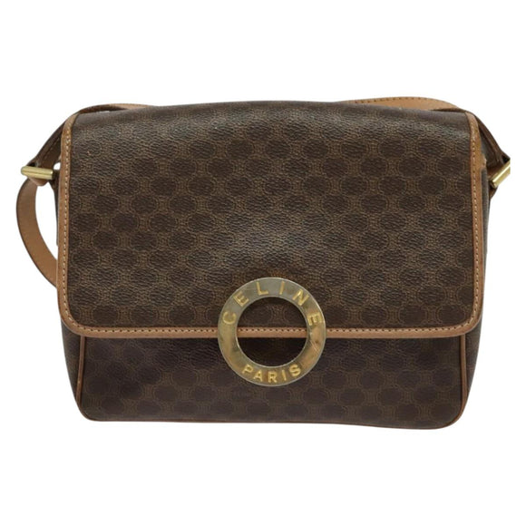 CELINE Macadam Canvas Circle Shoulder Bag PVC Leather Brown Gold Auth MX424