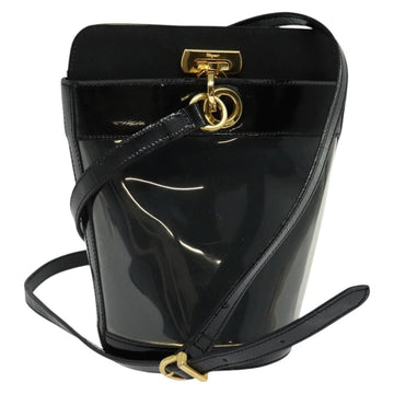 Salvatore Ferragamo Gancini Shoulder Bag Leather Vinyl Black Gold Auth MX425