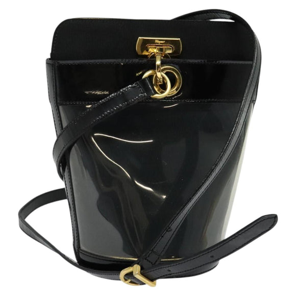 Salvatore Ferragamo Gancini Shoulder Bag Leather Vinyl Black Gold Auth MX425