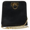 Salvatore Ferragamo Gancini Chain Shoulder Bag Leather Black Gold Auth MX455-1