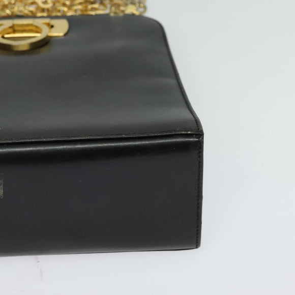 Salvatore Ferragamo Gancini Chain Shoulder Bag Leather Black Gold Auth MX455