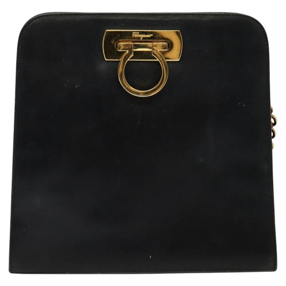 Salvatore Ferragamo Gancini Chain Shoulder Bag Leather Black Gold Auth MX455