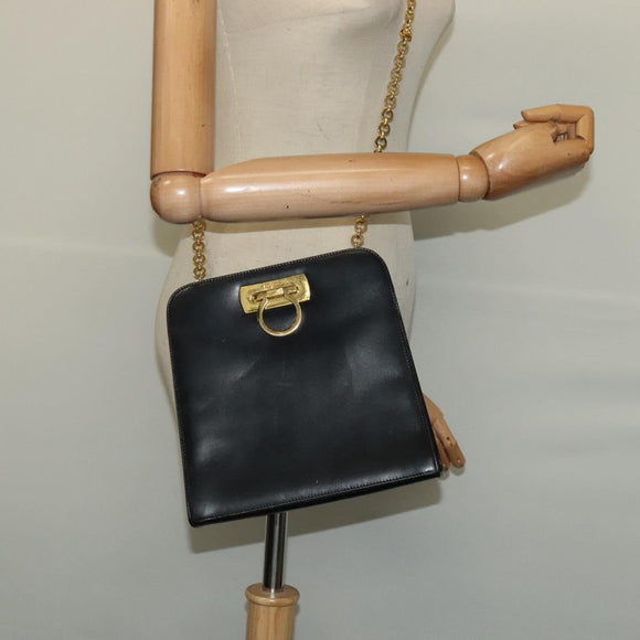 Salvatore Ferragamo Gancini Chain Shoulder Bag Leather Black Gold Auth MX455