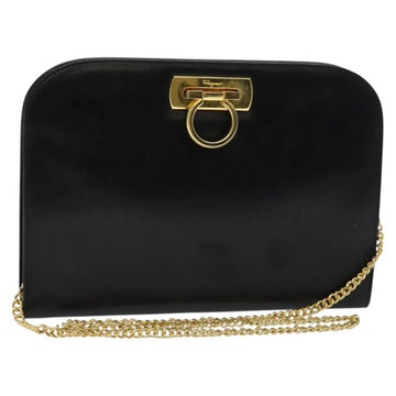 Salvatore Ferragamo Gancini Chain Shoulder Bag Leather Black Gold Auth MX456