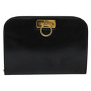 Salvatore Ferragamo Gancini Chain Shoulder Bag Leather Black Gold Auth MX456-13