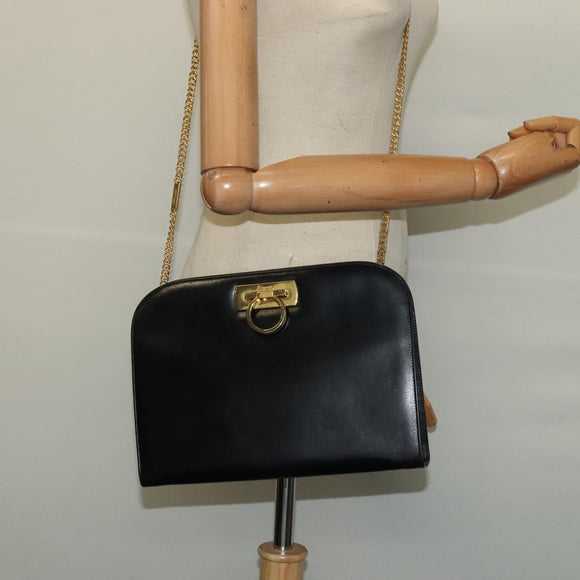 Salvatore Ferragamo Gancini Chain Shoulder Bag Leather Black Gold Auth MX456