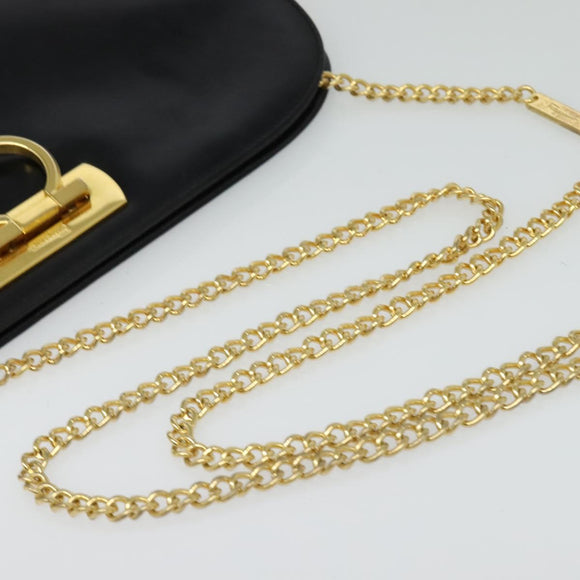 Salvatore Ferragamo Gancini Chain Shoulder Bag Leather Black Gold Auth MX456