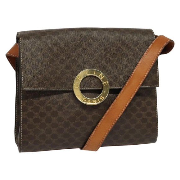 CELINE Macadam Canvas Circle Shoulder Bag PVC Leather Brown Gold Auth MX459