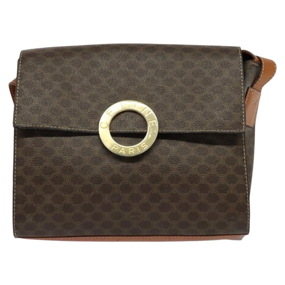 CELINE Macadam Canvas Circle Shoulder Bag PVC Leather Brown Gold Auth MX459