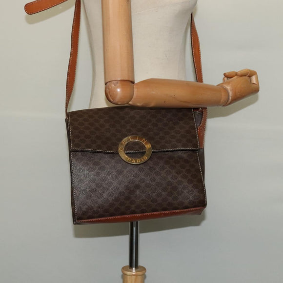 CELINE Macadam Canvas Circle Shoulder Bag PVC Leather Brown Gold Auth MX459