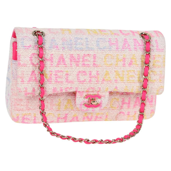 CHANEL Matelasse 25 Chain Shoulder Bag Tweed Pink Gold CC Auth MX484SM