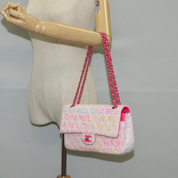 CHANEL Matelasse 25 Chain Shoulder Bag Tweed Pink Gold CC Auth MX484SM