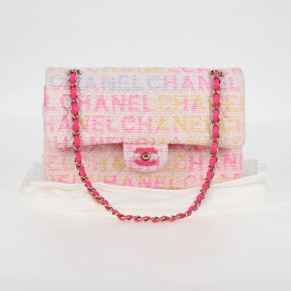 CHANEL Matelasse 25 Chain Shoulder Bag Tweed Pink Gold CC Auth MX484SM