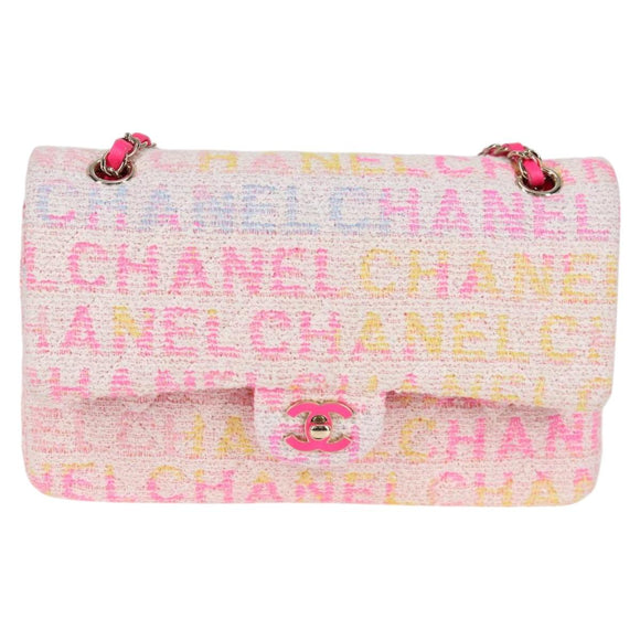 CHANEL Matelasse 25 Chain Shoulder Bag Tweed Pink Gold CC Auth MX484SM