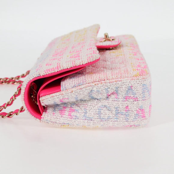 CHANEL Matelasse 25 Chain Shoulder Bag Tweed Pink Gold CC Auth MX484SM