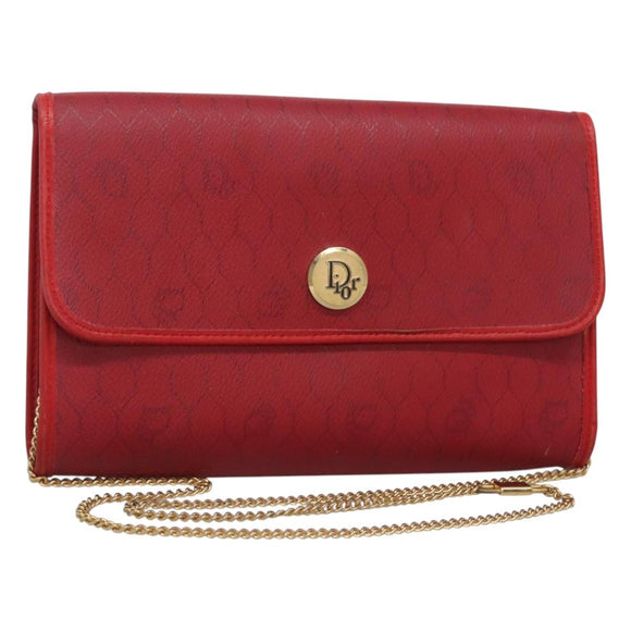 Christian Dior Honeycomb Canvas Chain Shoulder Bag PVC Red Gold Auth MX492