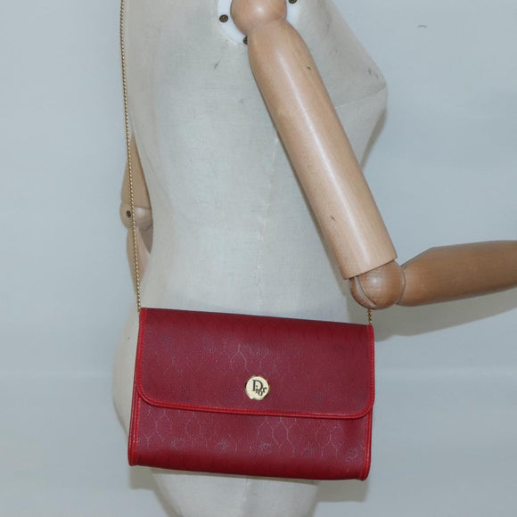 Christian Dior Honeycomb Canvas Chain Shoulder Bag PVC Red Gold Auth MX492