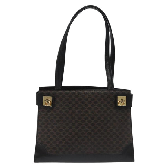 CELINE Macadam Canvas Shoulder Bag PVC Leather Black Gold Auth MY004