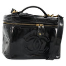 CHANEL Vanity Hand Bag Patent leather 2way Black Gold CC Auth MY059-1