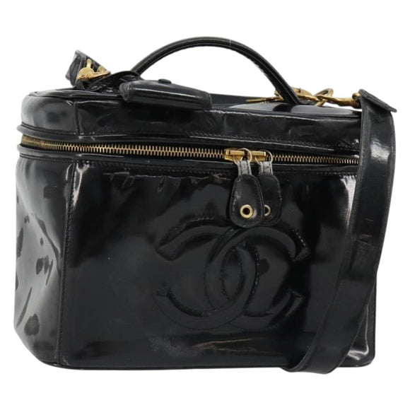 CHANEL Vanity Hand Bag Patent leather 2way Black Gold CC Auth MY059