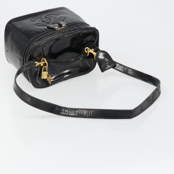 CHANEL Vanity Hand Bag Patent leather 2way Black Gold CC Auth MY059