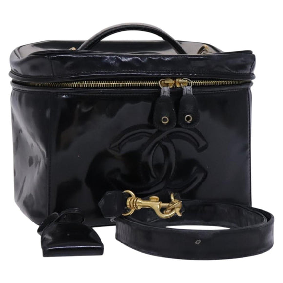 CHANEL Vanity Pouch Patent leather 2way Black Gold CC Auth MY059