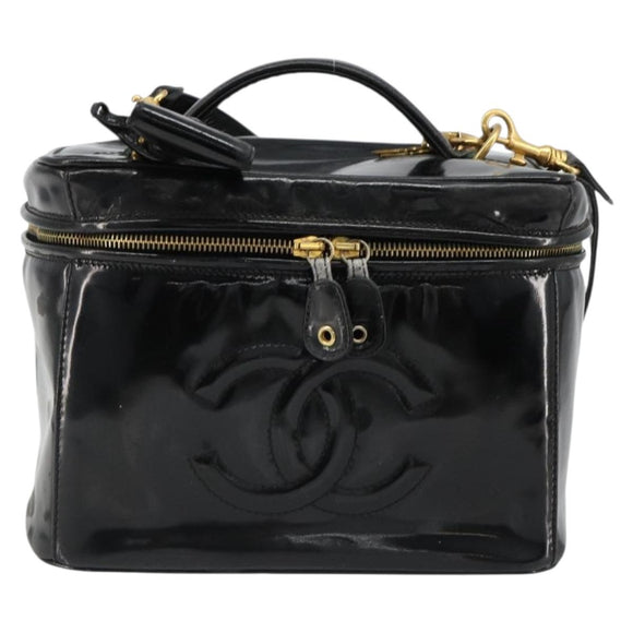 CHANEL Vanity Hand Bag Patent leather 2way Black Gold CC Auth MY059