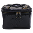 CHANEL Vanity Pouch Patent leather 2way Black Gold CC Auth MY059-13