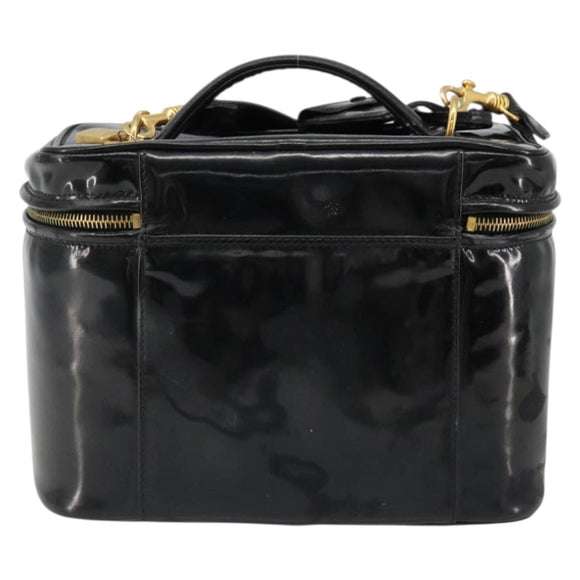 CHANEL Vanity Hand Bag Patent leather 2way Black Gold CC Auth MY059
